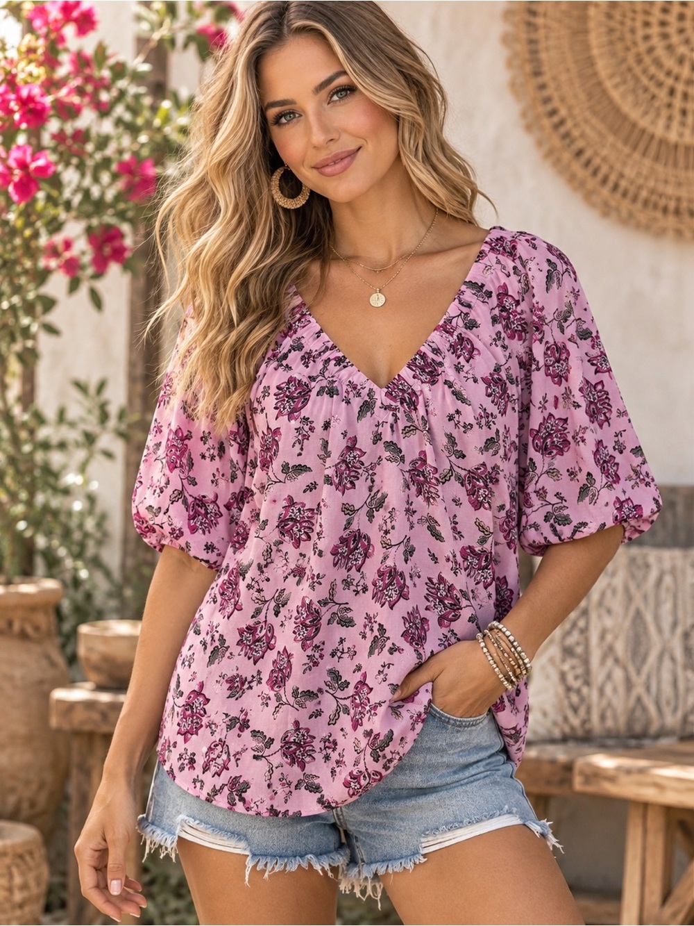 LOFT Pink Floral Boho Puff Sleeve V-Neck Blouse Top